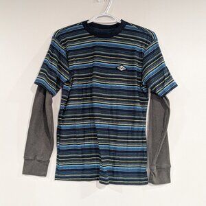 Billabong Layered Waffle Sleeve Striped Tee Top Grey Navy Blue Size 14
